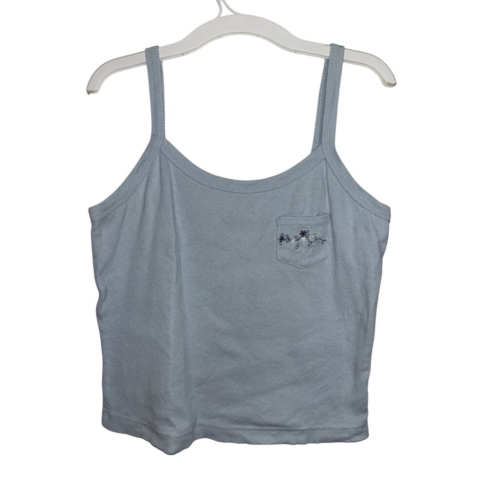 Vtg 90s Baby Blue Cami Tank S/M Baby Tee Grunge Floral Embroidery Pocket